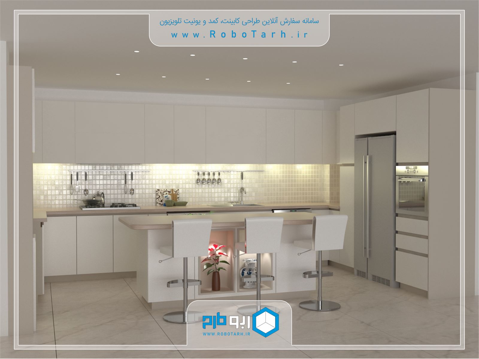 طراحی کابینت آشپزخانه مدرن سفید رنگ براق با چیدمان یو شکل - ربوطرح