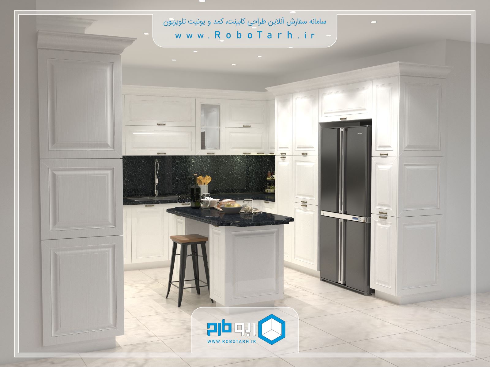 طراحی کابینت آشپزخانه ای به سبک کلاسیک ( ممبران ) با رنگ سفید با چیدمان یو شکل - ربوطرح