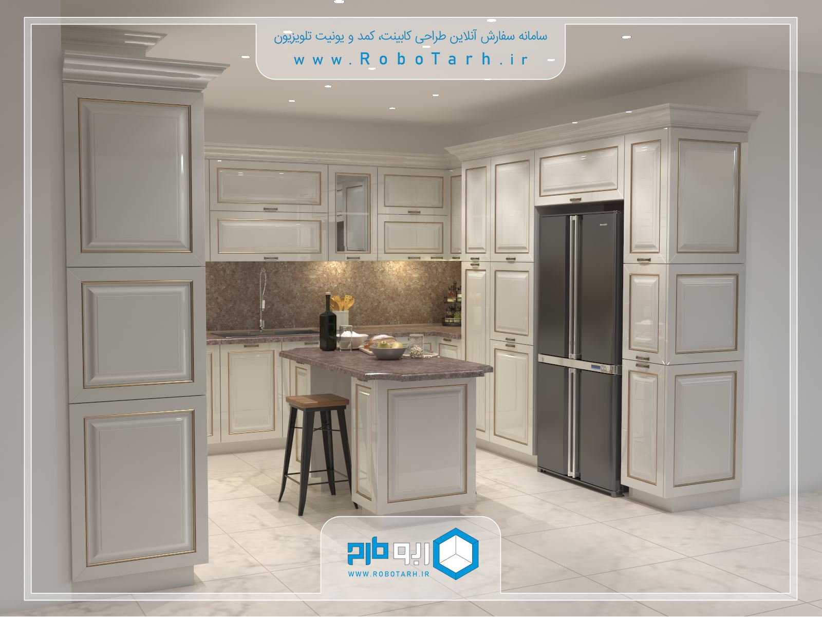 طراحی کابینت آشپزخانه ای به سبک کلاسیک ( ممبران ) با رنگ کرم و طلایی با چیدمان یو شکل - ربوطرح
