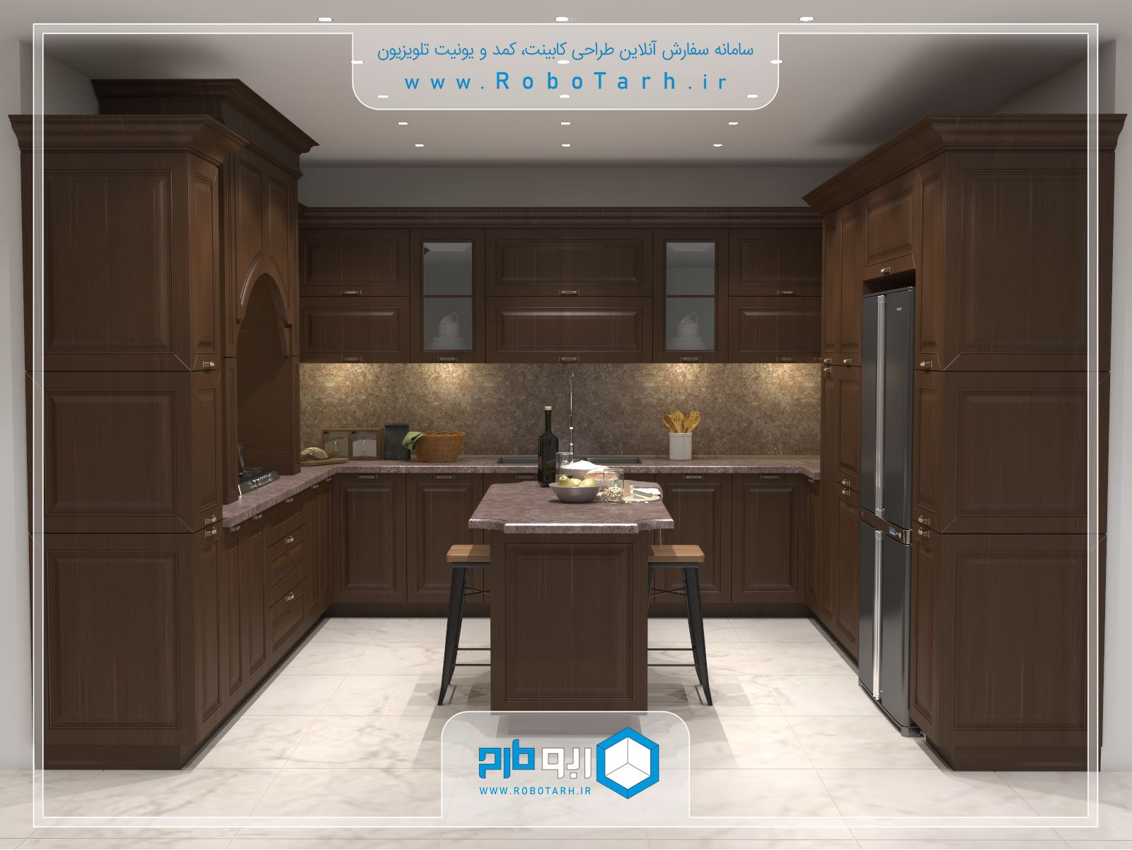 طراحی کابینت آشپزخانه ای به سبک کلاسیک ( ممبران ) و رنگ قهوه ای با چیدمان یو شکل - ربوطرح