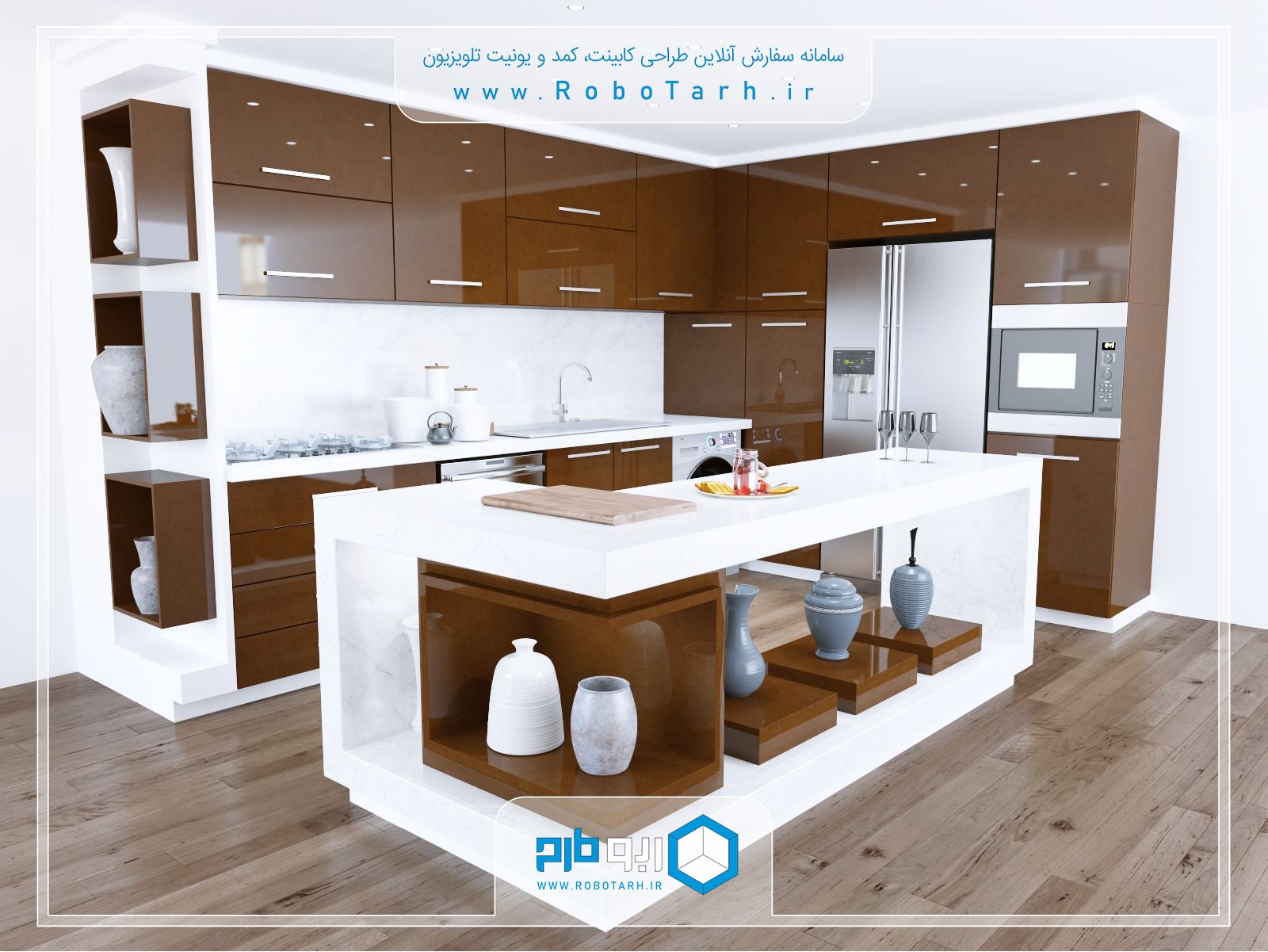 طراحی کابینت آشپزخانه ای به سبک مدرن و رنگ قهوه ای براق با چیدمان ال شکل - ربوطرح