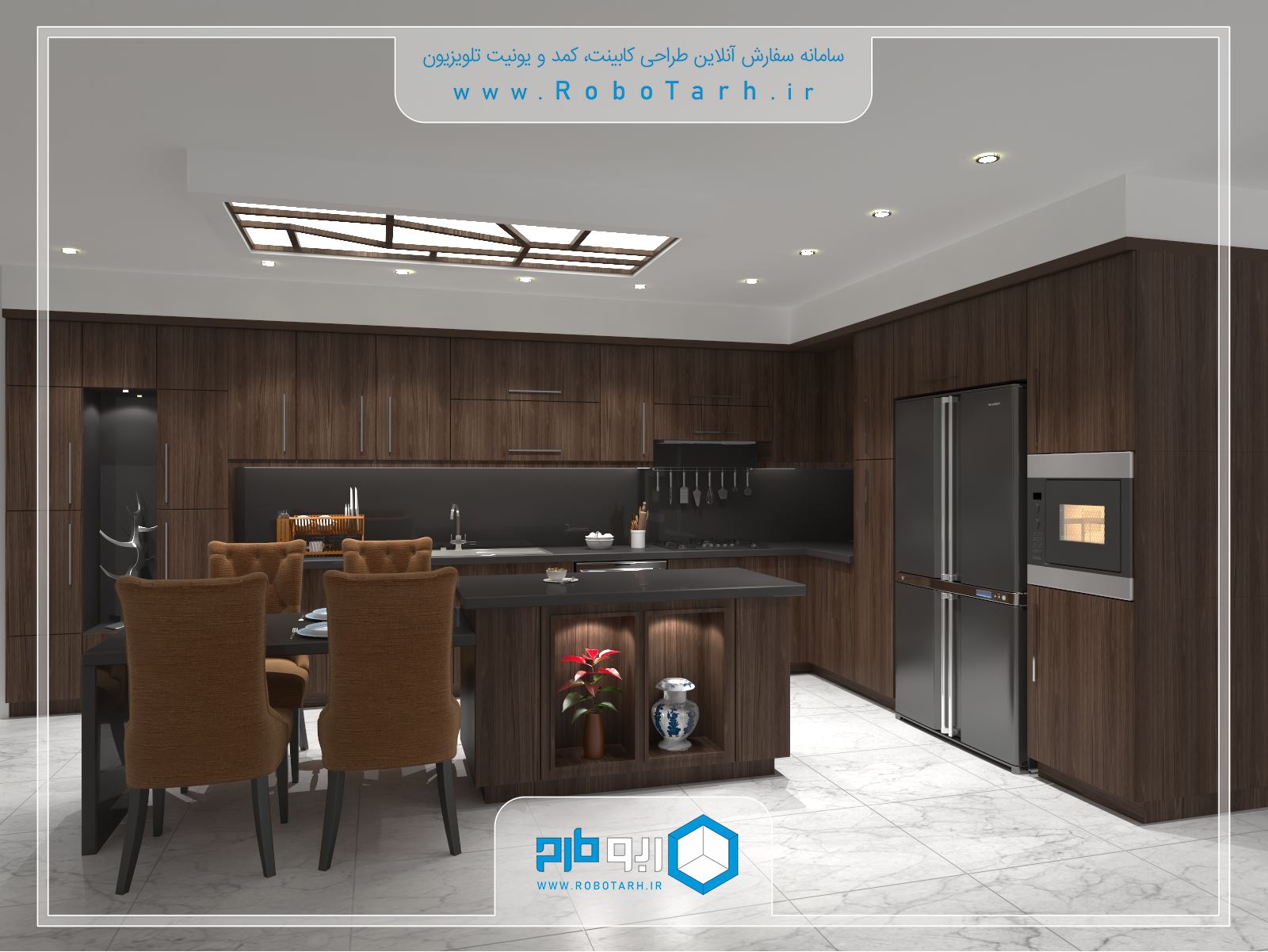 طراحی کابینت آشپزخانه قهوه ای و مشکی رنگ به سبک مدرن با چیدمان ال شکل - ربوطرح