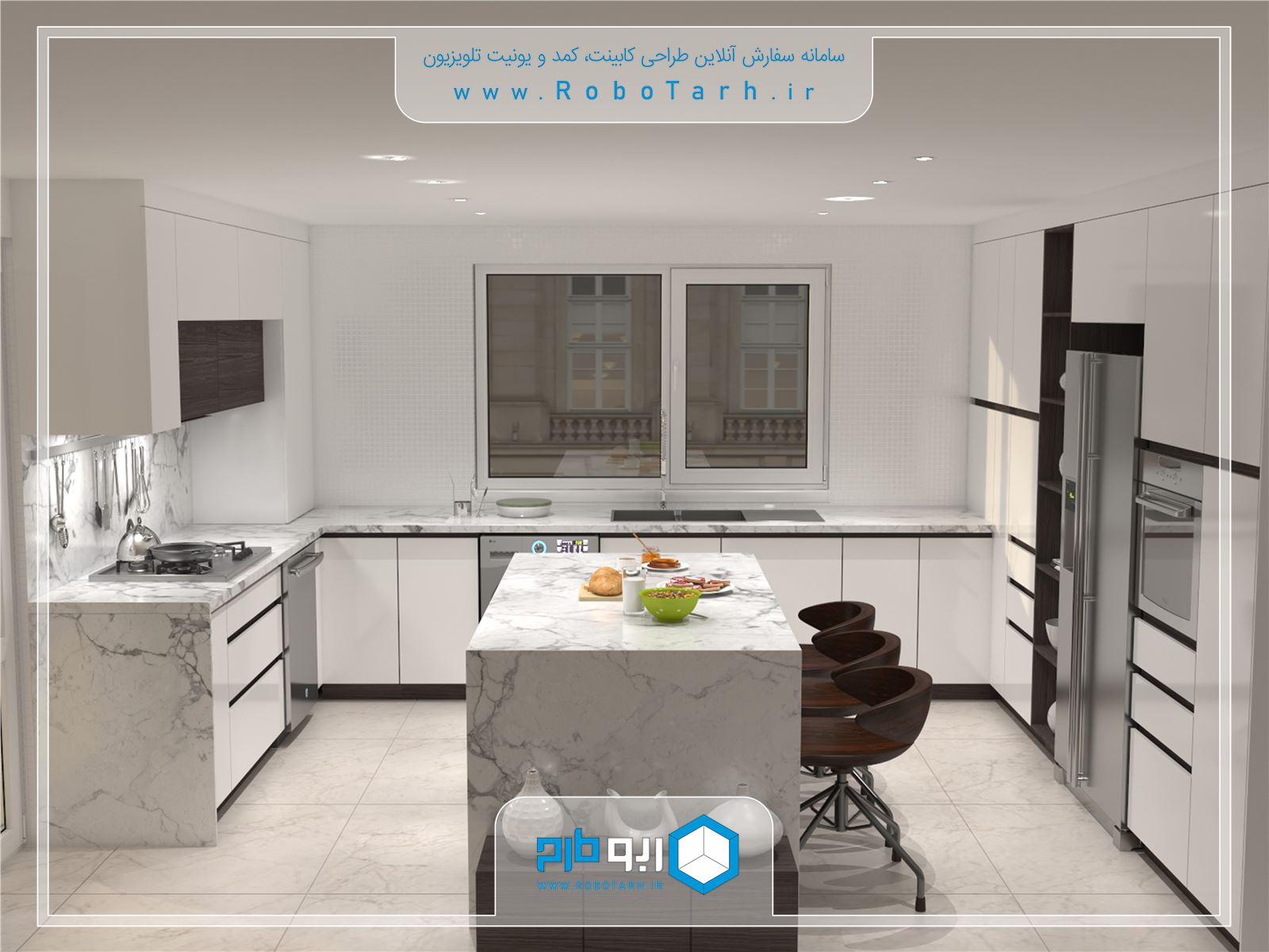 طراحی کابینت آشپزخانه جذاب و مدرن با ترکیب رنگ سفید براق و قهوه ای - ربوطرح