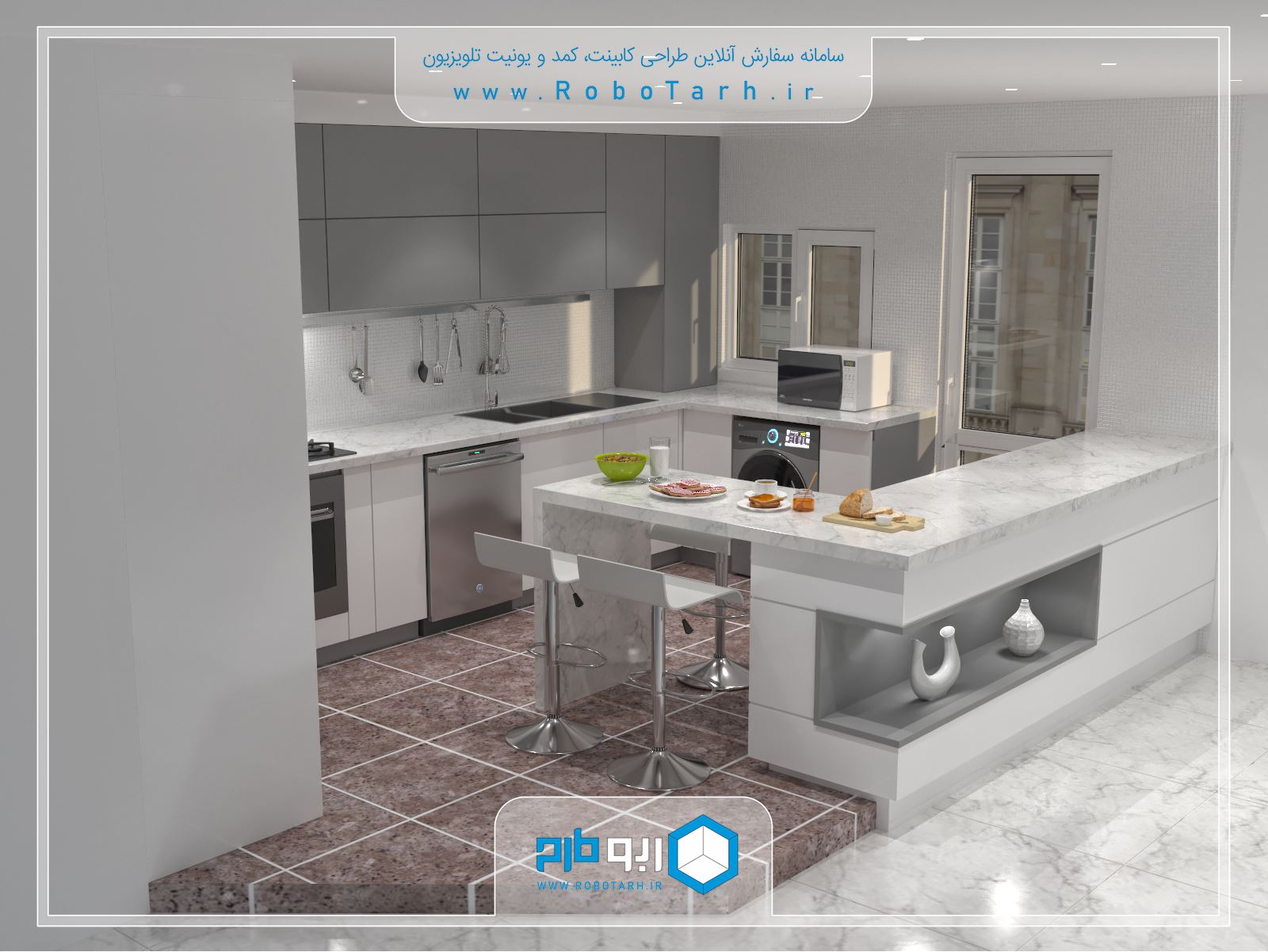 طراحی کابینت آشپزخانه مدرن به رنگ سفید و خاکستری به همراه کانتر جذاب و شیک