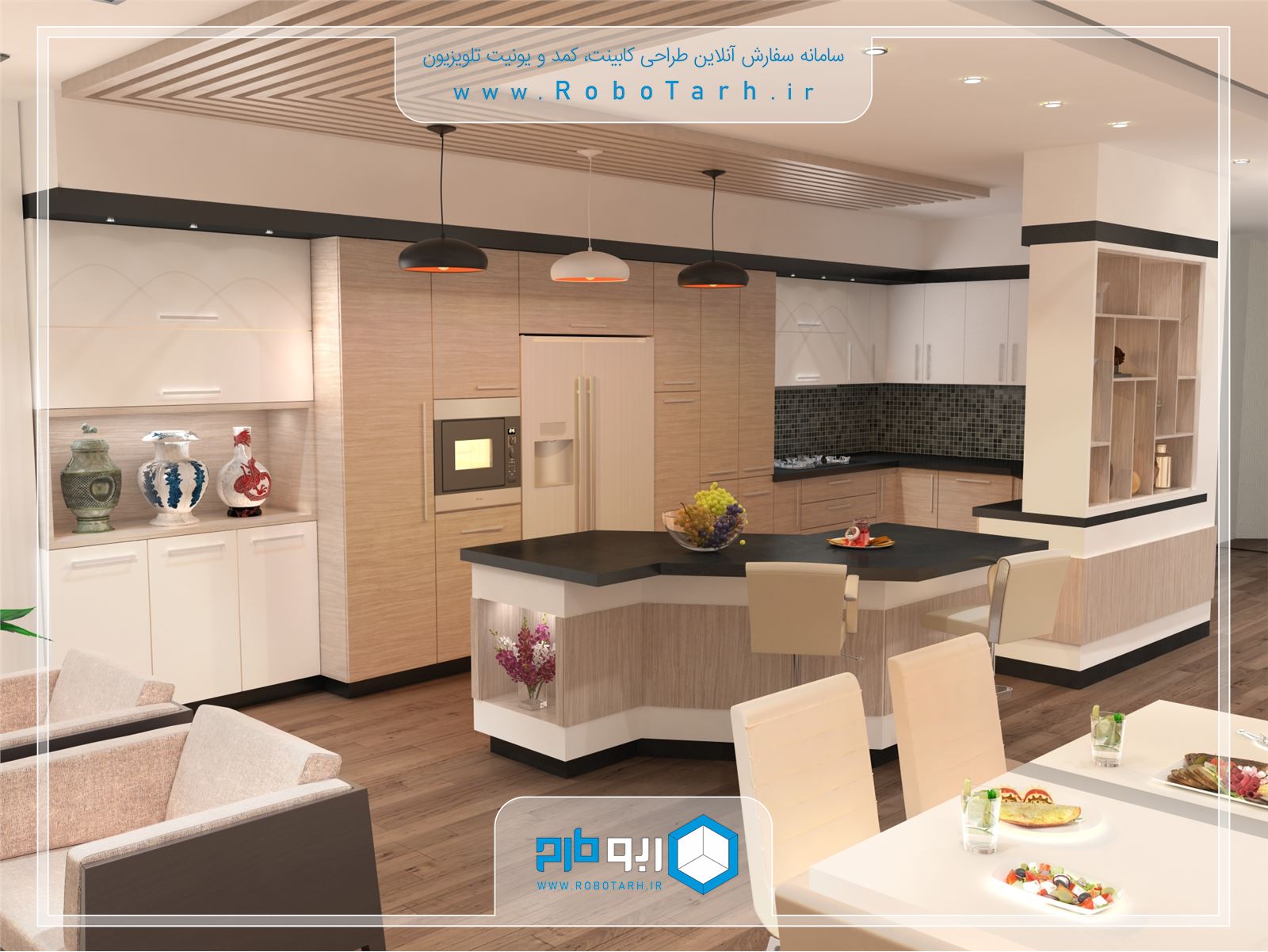 طراحی کابینت آشپزخانه مدرن قهوه ای روشن و سفید با چیدمان ال شکل - ربوطرح