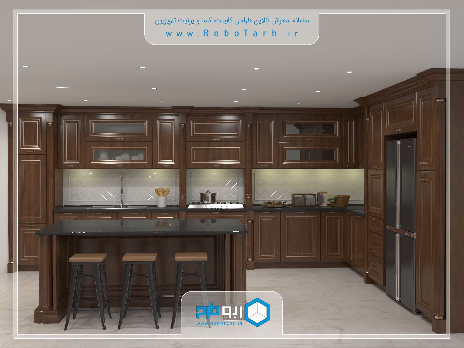 طراحی کابینت آشپزخانه کلاسیک (ممبران) قهوه ای و طلایی با چیدمان ال شکل - ربوطرح
