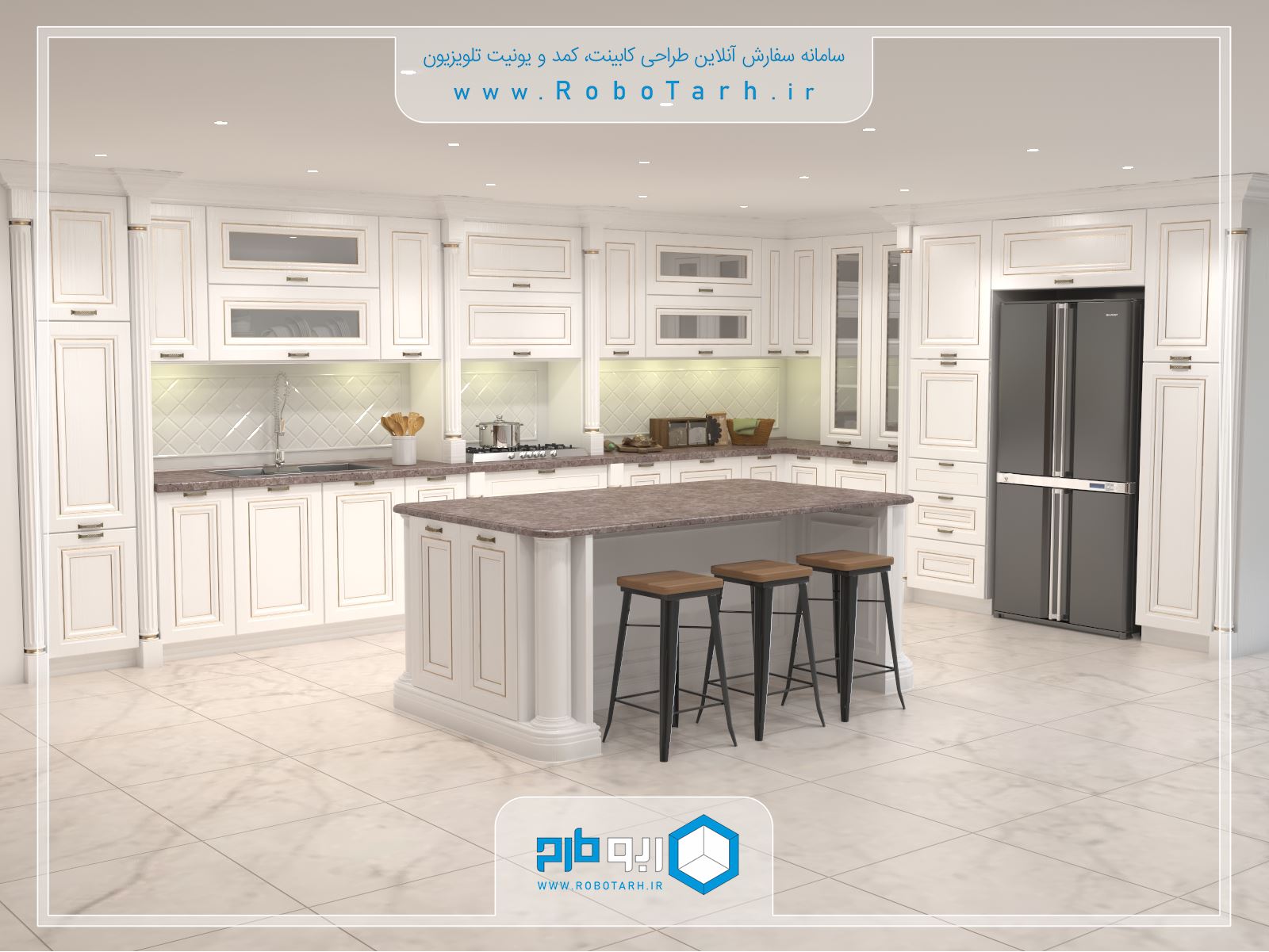 طراحی کابینت آشپزخانه کلاسیک (ممبران) سفید و طلایی با چیدمان ال شکل - ربوطرح