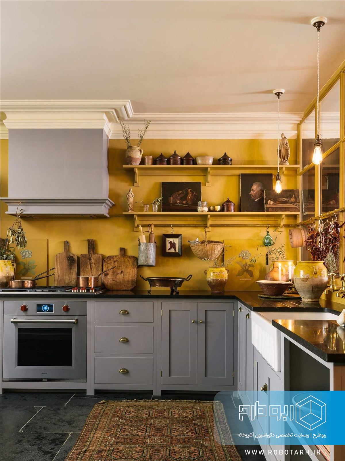 ترکیب کابینت آشپزخانه زرد و طوسی