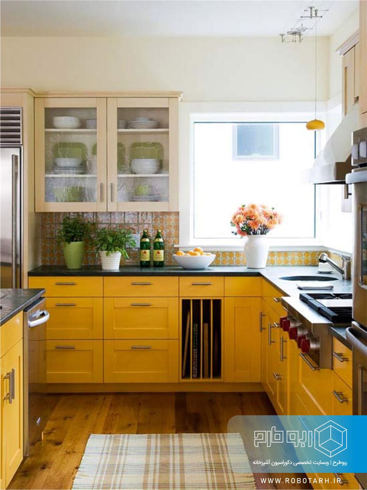 ترکیب کابینت آشپزخانه زرد و مشکی
