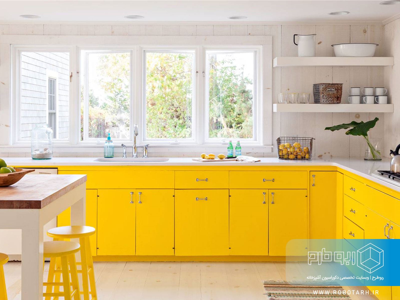 ترکیب کابینت آشپزخانه زرد و رنگ سفید