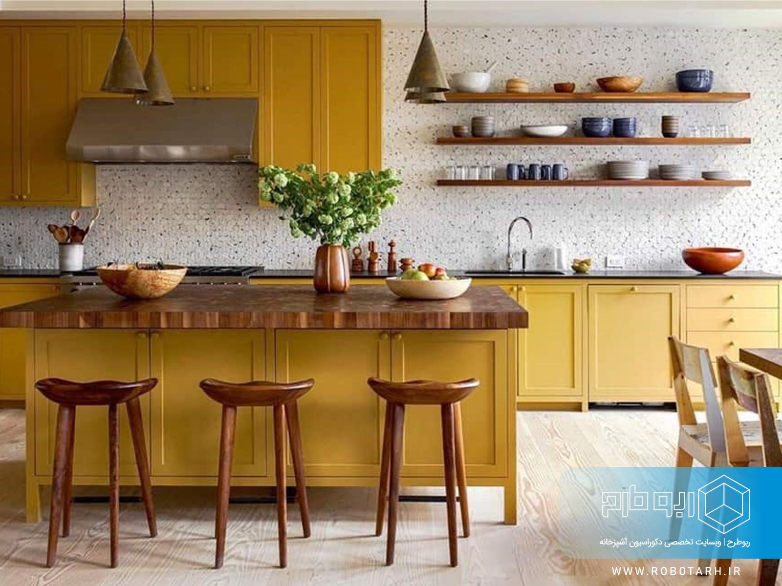 ترکیب کابینت آشپزخانه زرد مات و قهوه ای
