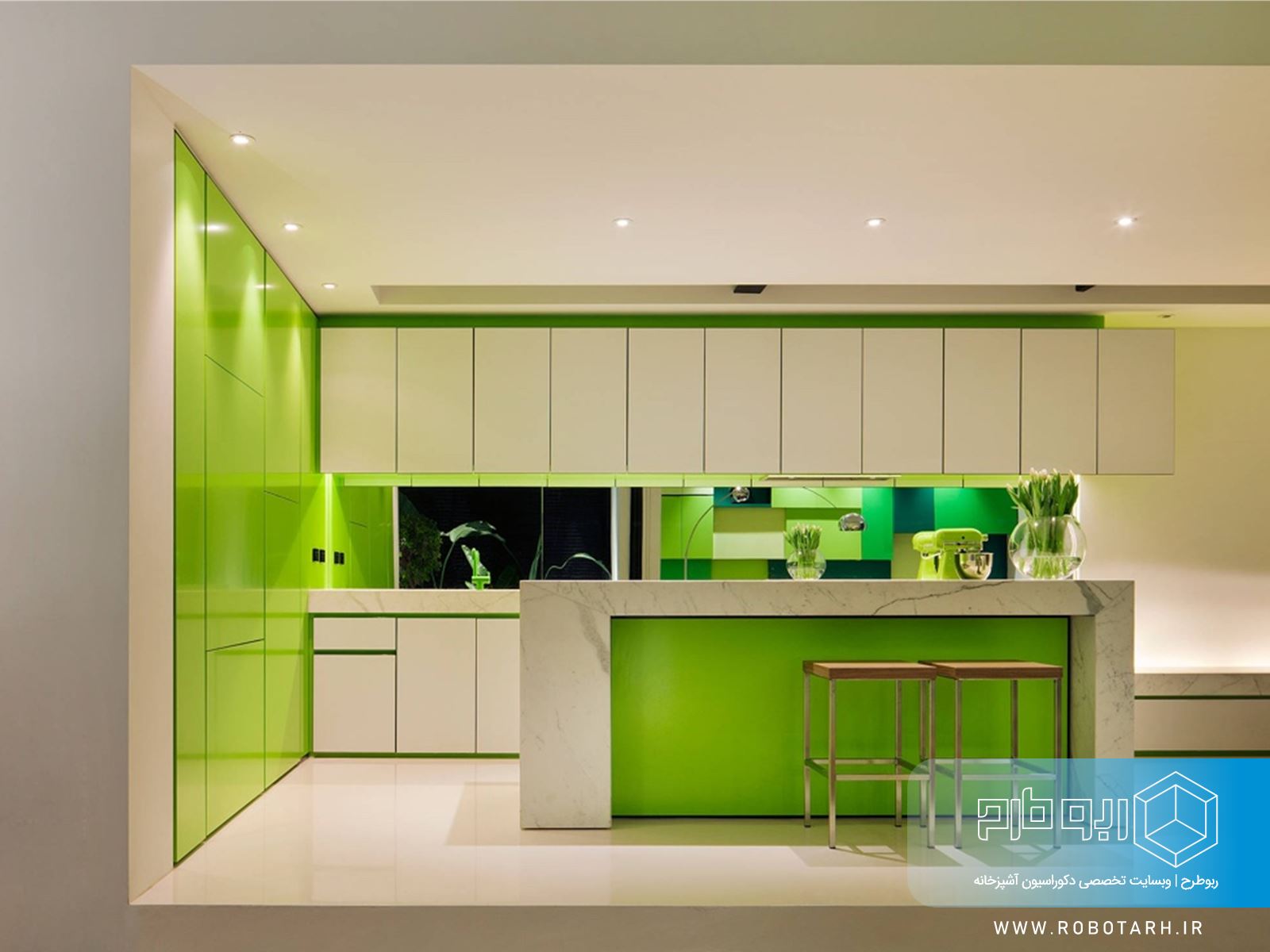 کابینت آشپزخانه با رنگ سبز لیمویی
