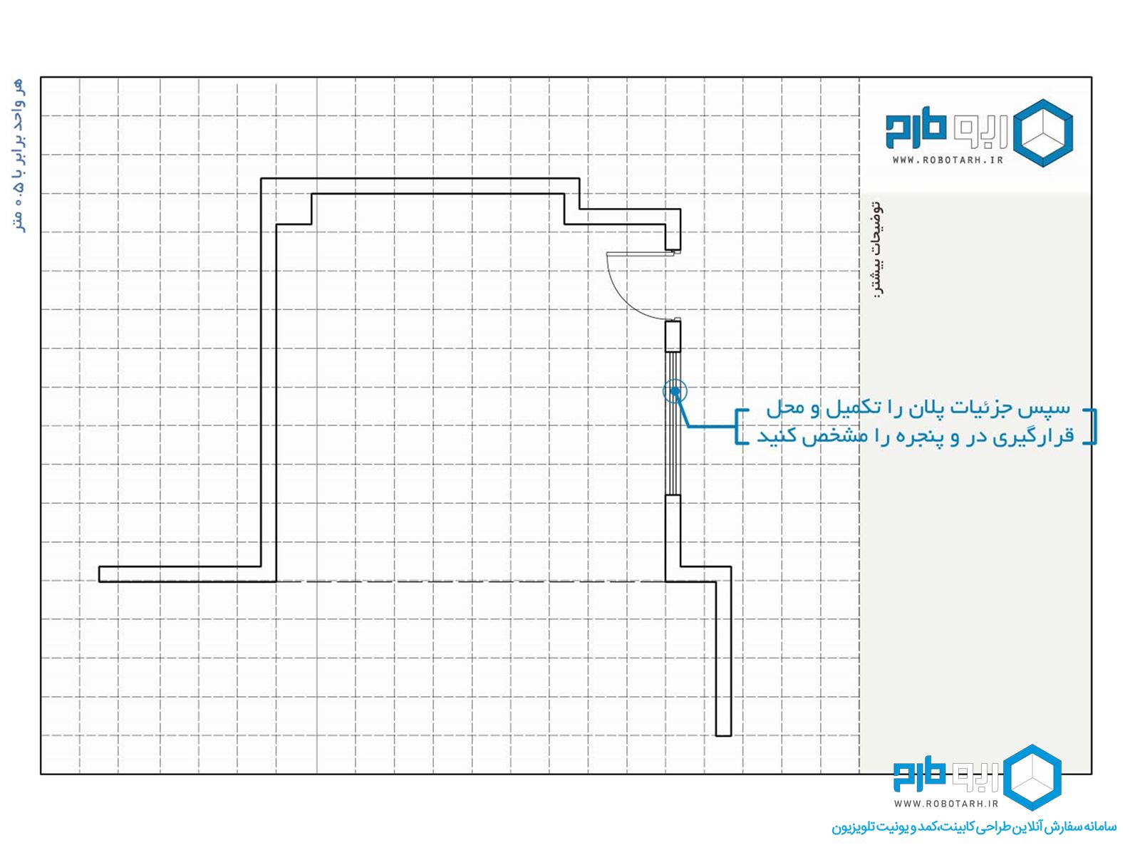 نمایش محل قرارگرفتن درب و پنجره آشپزخانه بر روی پلان